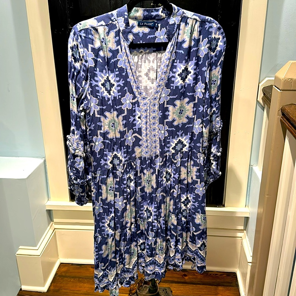Snowflake wintertime print, soft cotton dress with pockets
